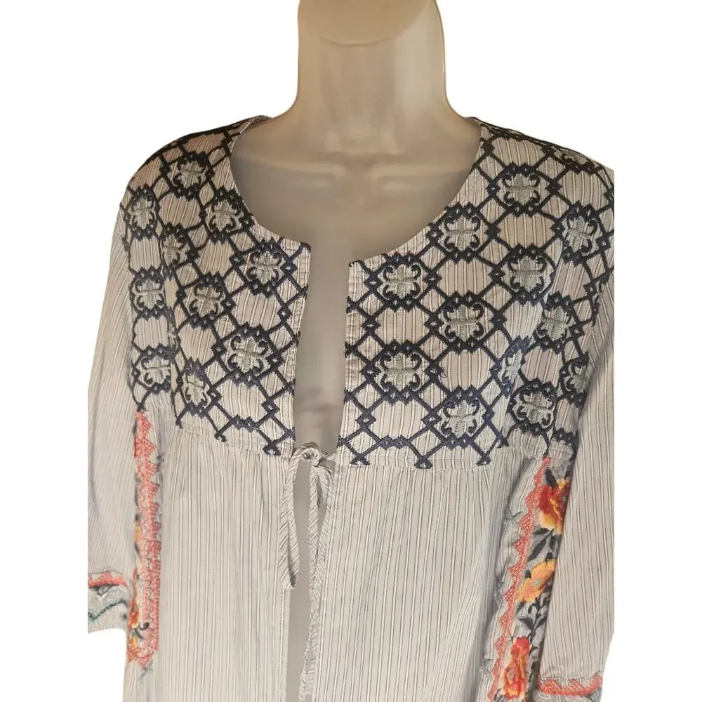Johnny Was Blue Embroidered Floral Striped Open Top Sz S Tie Front 3/4 Sleeves - Picture 6 of 8